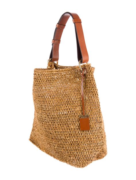 Tan/white Raffia And Leather Tote Bag 